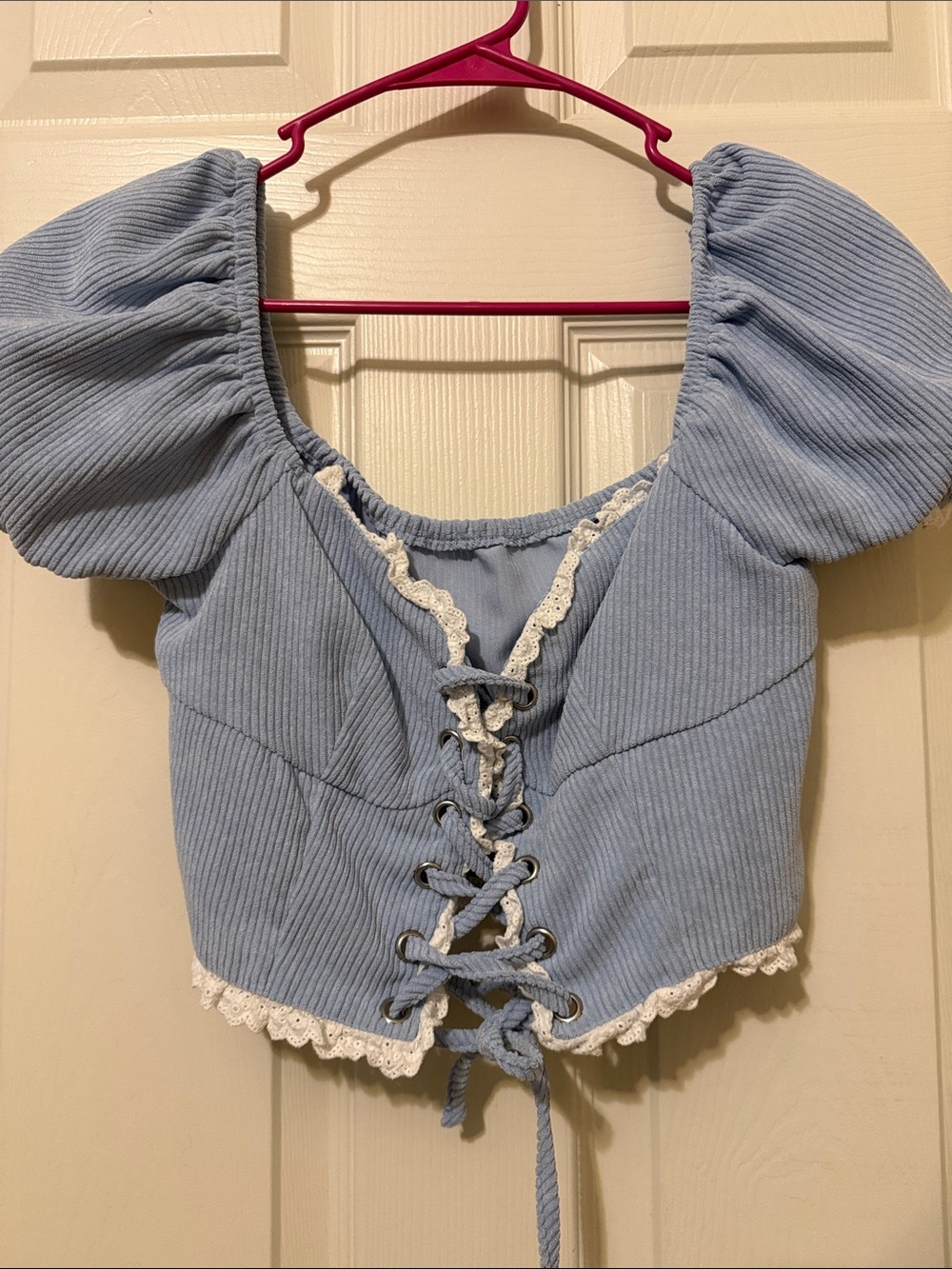 Light Blue Lace-Up Puff Sleeve Crop Top
